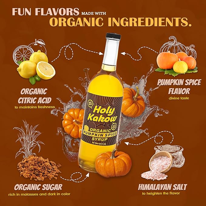 Holy Kakow Organic Pumpkin Spice Syrup - Pumpkin Spice Coffee Syrup, Organic Syrup for Coffee, Latte, Cocktail & Shake, Real Food Ingredients - 750ml