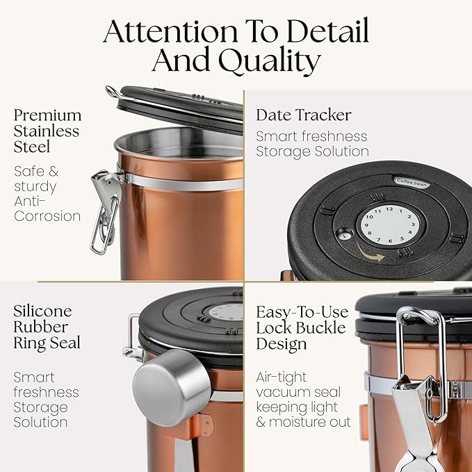Mixpresso 16 Oz Copper Coffee Canister, Stainless Steel Airtight Coffee Container, Ground and Bean Storage with Date Tracker, Vacuum Sealed Espresso Airtight Container, Sugar Container