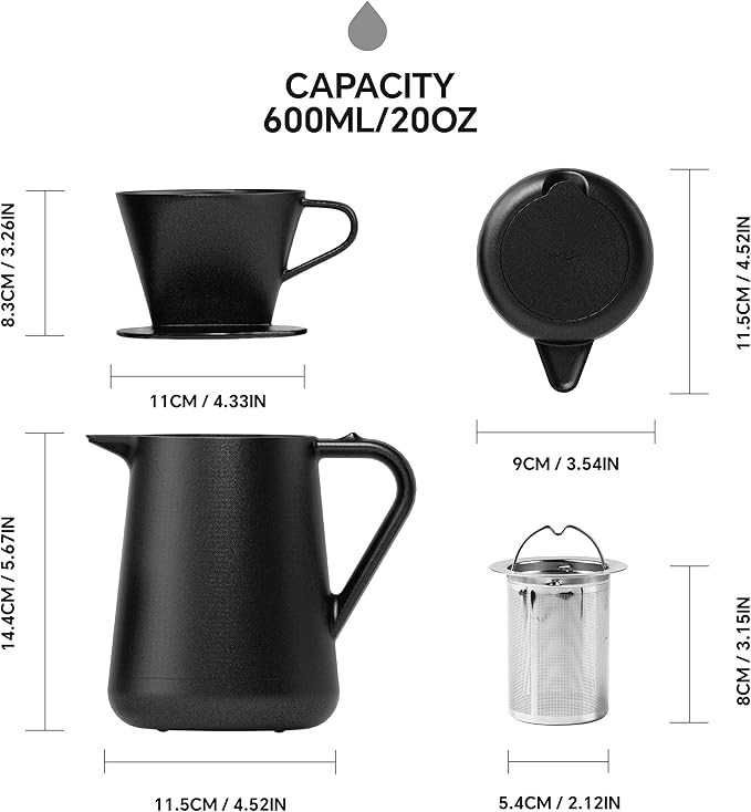 Ideus Insulated Pour Over Coffee Maker Set 20oz, Stainless Steel Coffee Pot Pour Over Set Camp Coffee Carafe BPA-Free with Dripper and Tea Infuser for Home, Office & Camping (Black)