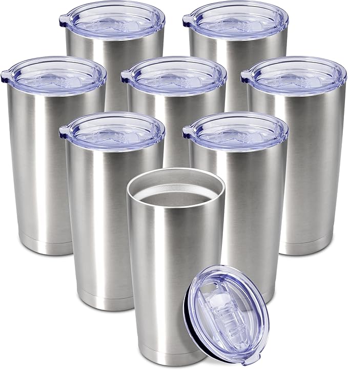 20 oz Tumbler Coffee Travel Tumblers Bulk with Lid Stainless Steel Double Wall Vacuum Insulated Mug Powder Coated Cups fit Car Cupholder for Hot and Cold - Stainless Steel, 8Pack