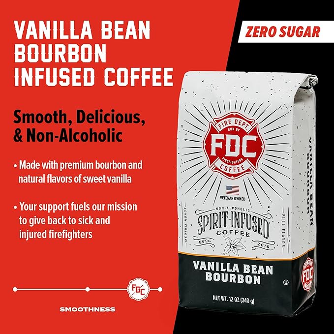 Fire Department Coffee - Vanilla Bourbon Coffee - Gives Back to Firefighters - Vanilla Bean Bourbon Infused - Ground Medium Roast - Non-Alcoholic - Roasted in the USA - Veteran Owned - 12 oz