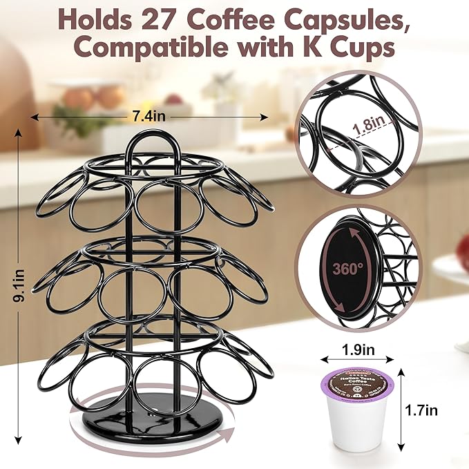 Coffee Pod Holder, K Cup Holders, 3 Tier Coffee Pod Carousel Compatible with K Cups (27 Pods), Spins 360-Degrees, Modern Black Design