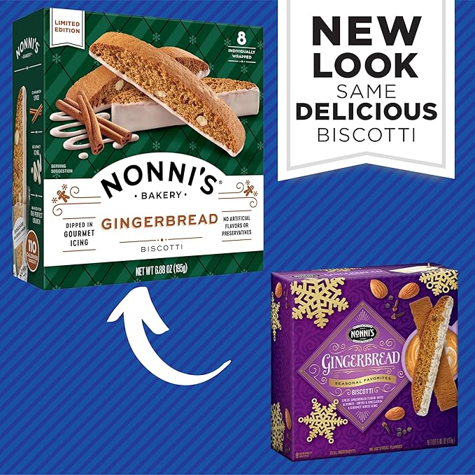 Nonni's Gingerbread Biscotti Holiday Cookies - 3 Boxes Gingerbread Cookies - Gingerbread Christmas Cookies w/Almonds & White Icing - Biscotti Individually Wrapped Cookies - Italian Cookies - 6.88 oz