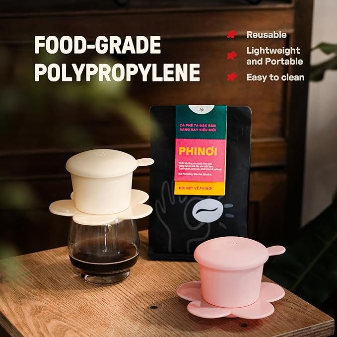 PHINOI Pour Over Coffee Dripper - Vietnamese Phin Filter – Single Cup Coffee Maker 1-2 Cup with Flower Design – Plastic Reusable Coffee Filter for Manual Brewing, Travel Friendly (Black)