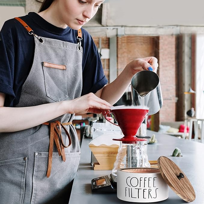 Wooden Coffee Filter Holder With Lid - Rustic Storage Container and Dispenser Basket for Coffee Bar Decor, Farmhouse Accessories - White