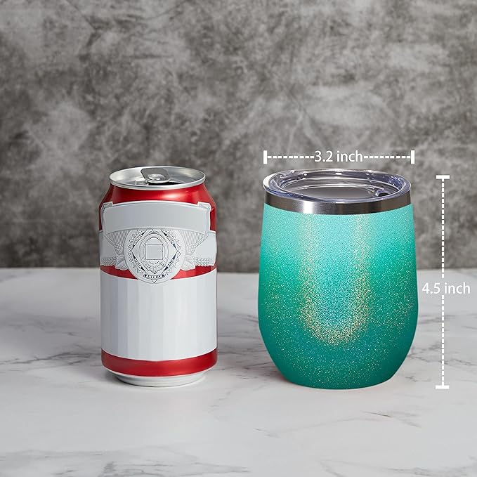 MEWAY 12oz/4 Pack Wine Tumbler Glasses with Lid - Stemless Double Wall Vacuum Stainless Steel Glitter Tumbler - Keeping Cold & Hot Cup for Coffee,for Women(Gradient Blue,Set of 4)