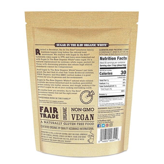 Sugar In The Raw Organic Granulated White Premium Cane Sugar, Pure Natural Sweetener, Hot & Cold Drinks, Coffee, Cooking, Baking, Vegan, Gluten-Free, Non-GMO, Bulk Sugar, 24 oz Bag (1-Pack)