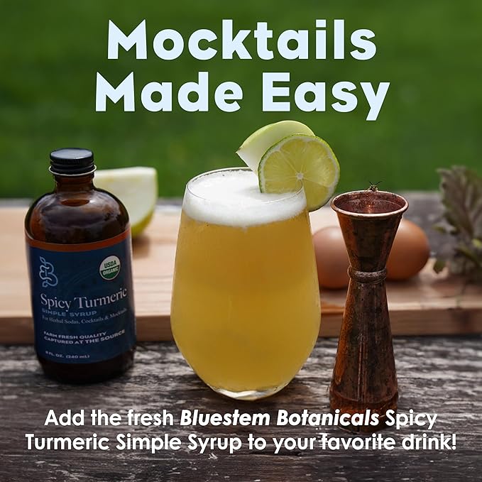 Bluestem Botanicals Organic Spicy Tumeric Simple Syrup, 8 oz, Cocktail and Mocktail Mixer for Drinks, Non-Alcoholic