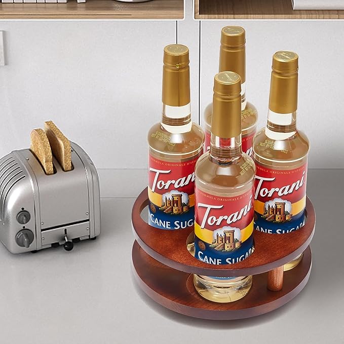 Wood Rotating Coffee Syrup Organizer, 4 Bottles Coffee Syrup Rack, Coffee Station Organizer with Large Base and Anti-Slip Pad