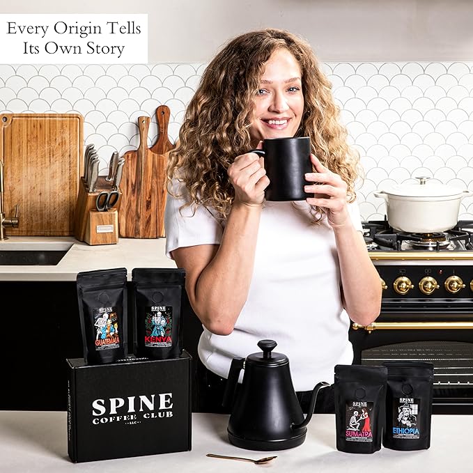 Spine Coffee Club LLC 4-Pack Gourmet Coffee Sampler Gift Box Set with Ethiopia, Sumatra, Guatemala, Kenya Single Origin Selection - Whole Bean