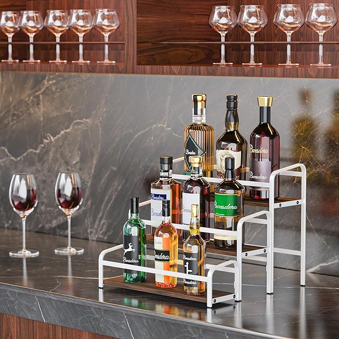 Coffee Syrup Rack Organizer, Wine Racks, Spice Racks, 3-Tier (Magnetic Connection) 12 Bottles Storage Shelves for Syrup Bottle Holder Stand for Coffee Bar, Kitchen Countertop, Rustic Brown & White
