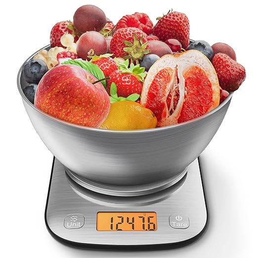 Food Kitchen Scale Digital Weight Grams and Oz with IPX6 Waterproof，Professional Stainless Steel Digital Kitchen Food Scale 11lb/0.01oz with Bowl for Weight Loss Dieting Baking Cooking