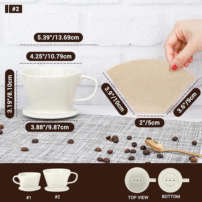 Segarty Pour Over Coffee Maker Set - Single Cup White Ceramic Coffee Dripper With 200 Pcs Size #2 Cone Filters, Slow Drip Manual Brewer for Home, Office, Travel, Camping