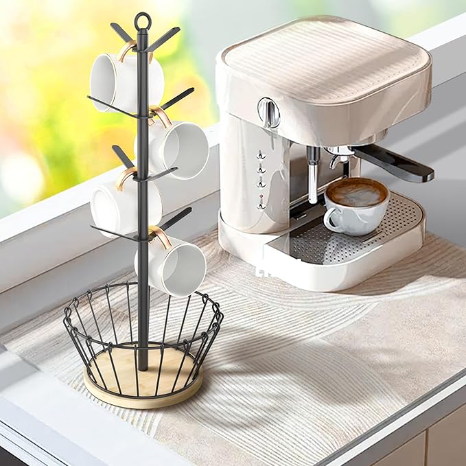 simesove Coffee Cup Holder with Basket, Non-Slip Cup Tree with 8 Hooks for K-Cups and Saucers, Wooden Stand Organizer for Counters, Bars and Kitchen Home Decor (Natural)