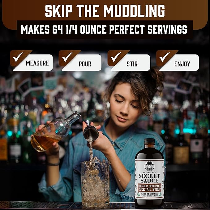 Bartender’s Secret Sauce USDA Organic Demerara Syrup – 16oz Bottle – Handcrafted, Gluten-Free Cocktail Syrup – Makes 64 Drinks – Great for Old Fashioneds, Tiki & Coffee Drinks