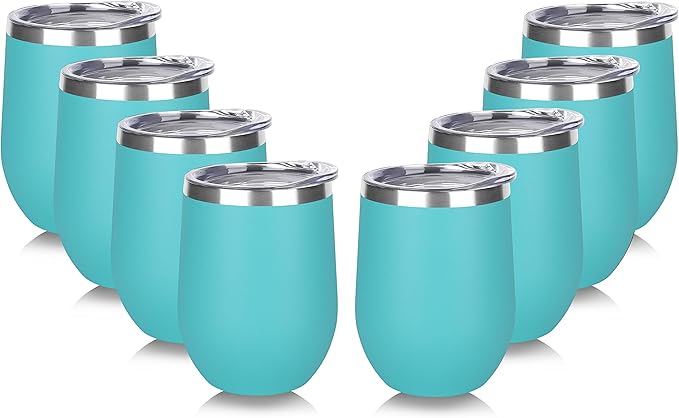 DOMICARE Stainless Steel Wine Tumbler Bulk with Lid, Personalized Insulated Tumblers Set, 12oz Travel Coffee Cups Pack of 8, Light Blue