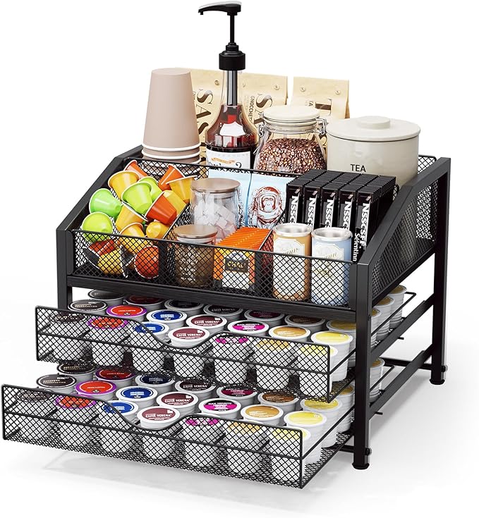 Coffee Bar Organizer - Coffee Station for Countertop, Metal and Wood K Cup holder Storage Basket for Syrup, Cups, Stirrer, Condiment, Tea Organizer, Black