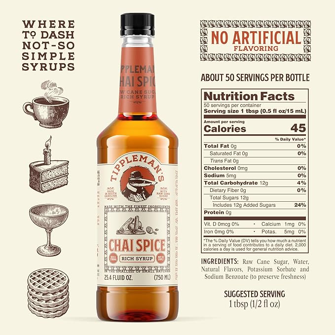Tippleman's Chai Spice Coffee Syrup - Rich Flavor for Hot or Iced Drinks, Latte, Tea, Espresso, Cappuccino, Cocktails, & Baking - 25.4 Fl Oz