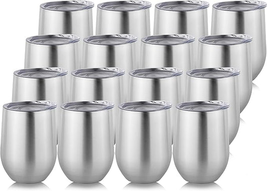 DOMICARE Stainless Steel Wine Tumbler Bulk with Lid, Personalized Insulated Tumblers Set, 12oz Travel Coffee Cups Pack of 16, Stainless steel