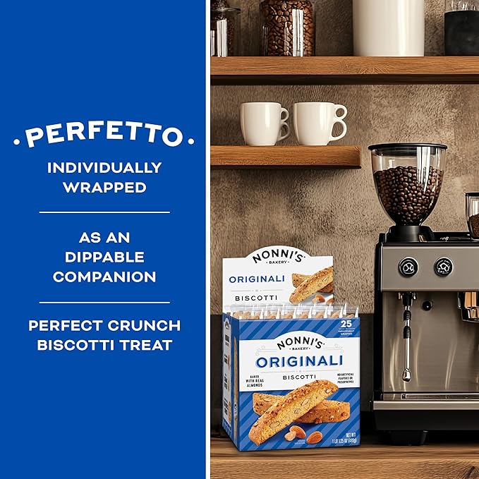 Nonni's Originali Classic Almond Biscotti Cookies – Individually Wrapped Italian Coffee Snack, Crunchy Twice-Baked, 80 Cal Each, 17.25 oz Carton, 4 Pack