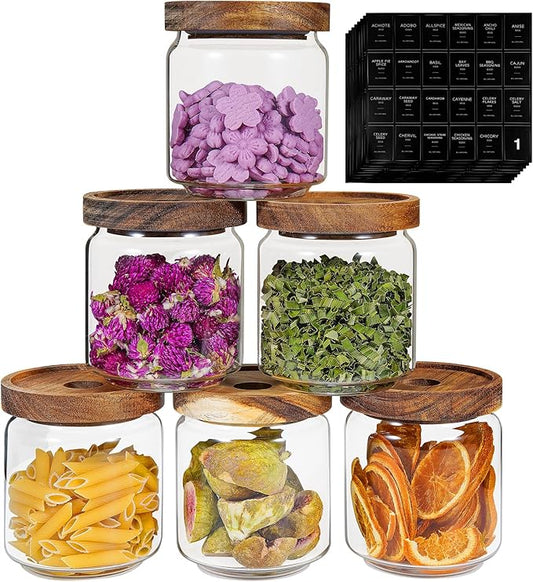 Small Glass Jars with Labels Spice Jar Round Storage Canister with Wooden Lid Clear Glass Food Jar for Pantry Sugar Tea Coffee Bean Spice Nuts Cookies Bath Salts (6 * 420ml(14oz))