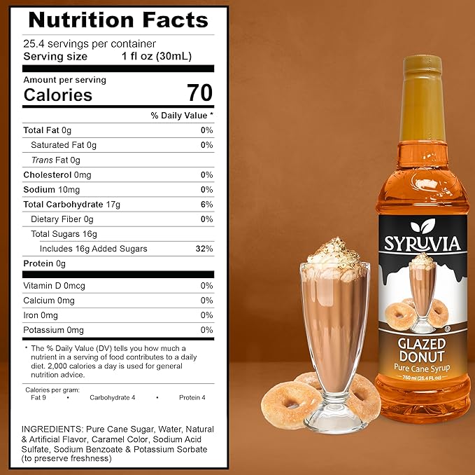 Syruvia Glazed Donut Coffee Syrup - 25.4 fl oz Premium Coffee Flavoring Syrup - Kosher Coffee Syrups, Gluten Free, No Coloring, Perfect for Drinks, Soda, Shakes, Desserts, and More With Pump