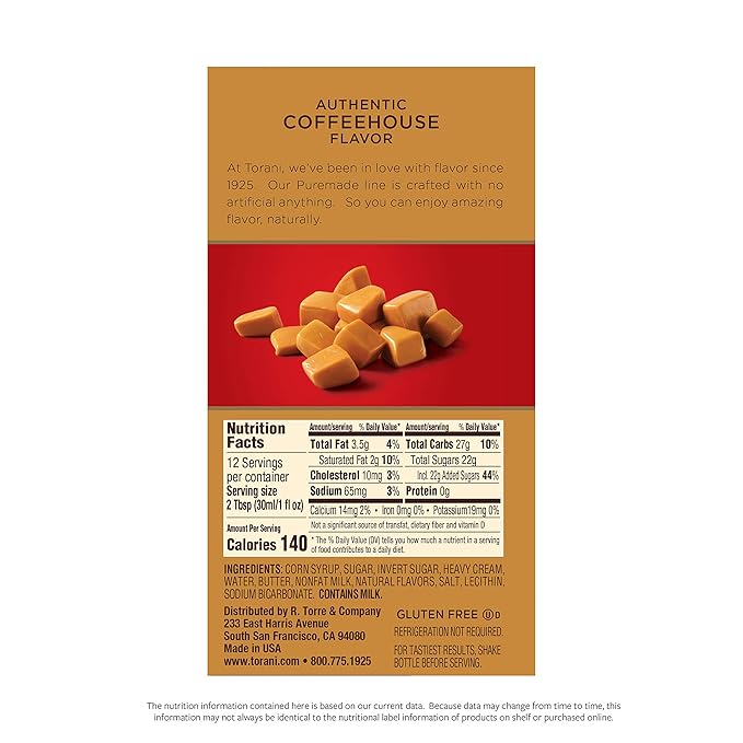 Torani Puremade Sauce, Caramel, 16.5 Ounces(Pack of 4)