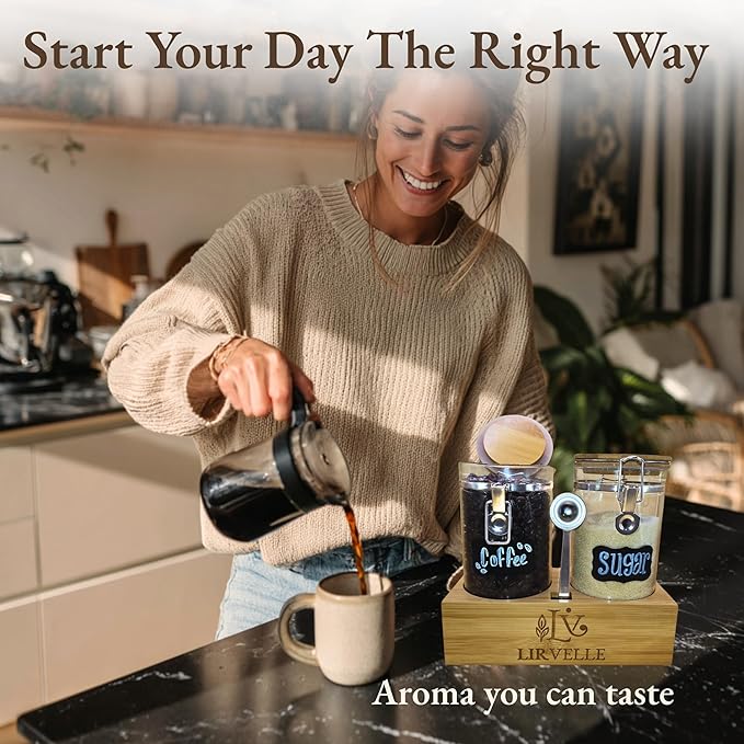 Airtight Coffee Canister with Scoop | Curated Glass Storage Set for Beans, Grounds & Sugar | 9-Piece Ritual Organizer with Bamboo Base, Versatile Artisan Spoon, Labels & Cleaning Brush