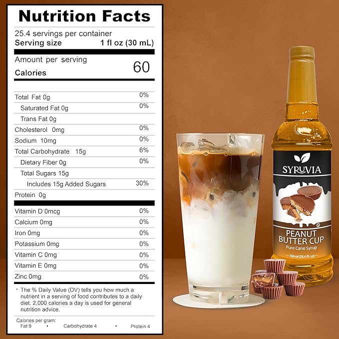 Syruvia Coffee Syrup, Peanut Butter Cup Flavored Syrup for Drinks, Lattes, and Desserts – 25.4 fl oz, With Pump