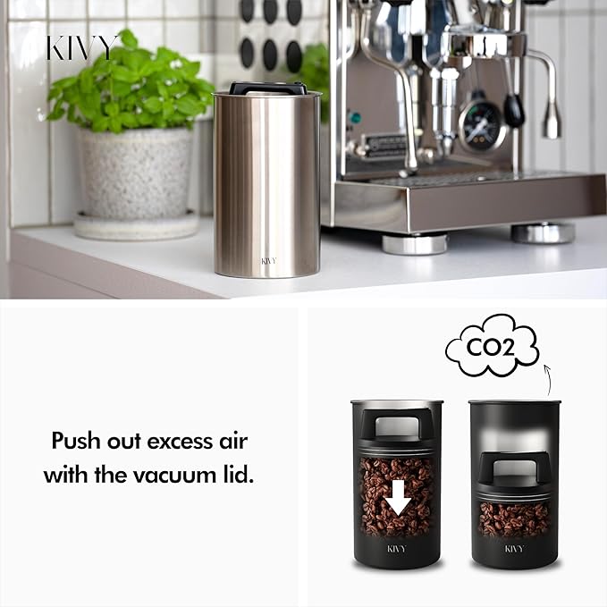 KIVY Vacuum Coffee Canister - Push Lid Preserves Coffee Aroma & Oil - Stainless Steel Airtight Coffee Canister - Removes Excess Air