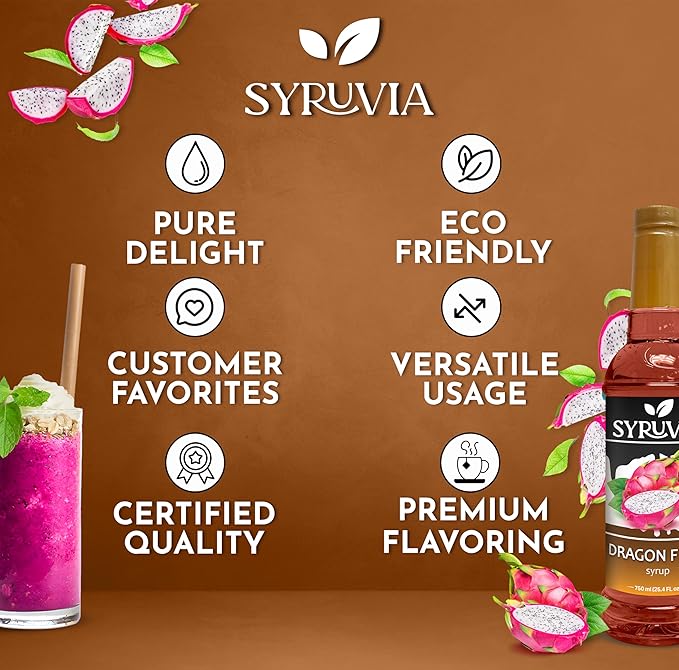 Syruvia Dragon Fruit Syrup, Flavored Syrup for Drinks, Cocktails, Lemonades, Iced Teas, and Desserts – 25.4 fl oz, With Pump
