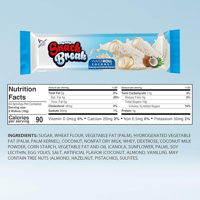 Snack Break Coconut Wafer Rolls, Rolled Wafer Cookies, Coconut Coated Delicious Snack, Individually Wrapped, Crunchy Sticks for On-the-Go, Coffee, Tea, Pack of 24