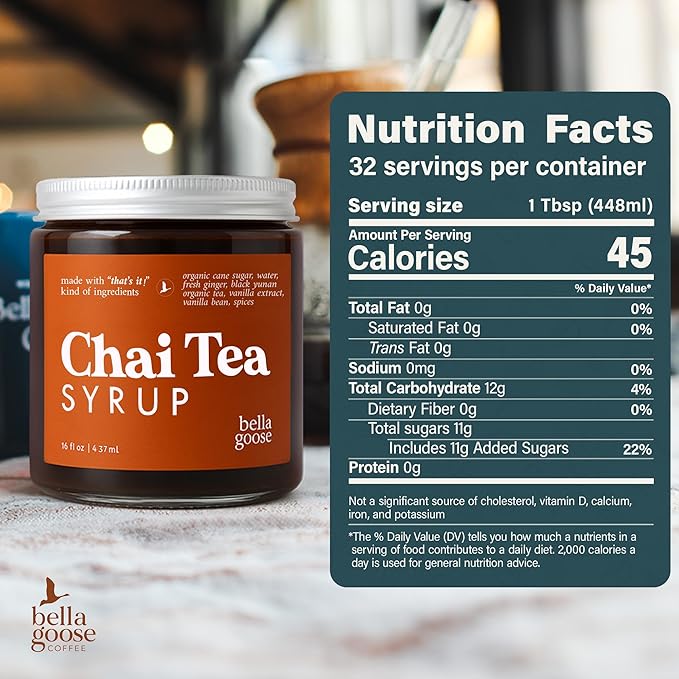 Bella Goose Chai Tea Syrup for Coffee (16oz) - Homemade Chai Tea Latte Syrup with Pure Cane Sugar, Vanilla & Spices - Clean Ingredient - No Artificial Flavors, Oils or Dyes Syrups for Coffee Drinks