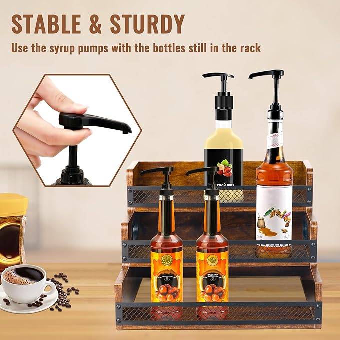 Liquor Bottle Display Shelf, Coffee Syrup Rack Organizer, 3 Step Countertop Liquor Wine Rack, 12 Bottles Coffee Station Organizer with Fences & Handles, Home Retro Bar Shelf Stand for Liquor Whiskey