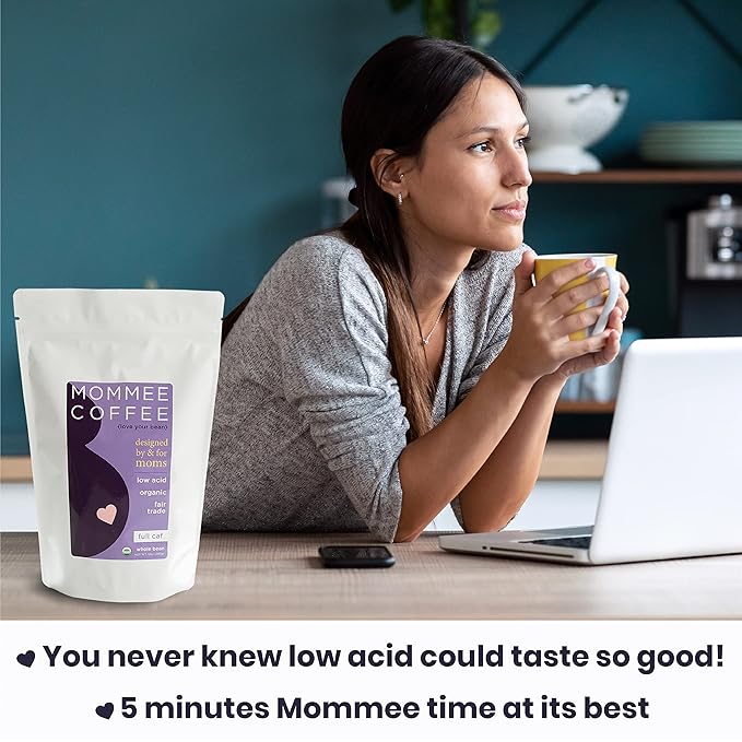 Mommee Coffee Full Caf Low Acid Whole Organic Coffee Beans - 100% Arabica Organic Full Caff Coffee Beans with Smooth Caramel Flavor - Medium Roast - 11 oz
