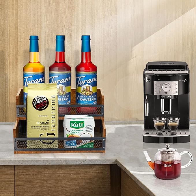 Liquor Bottle Display Shelf, Coffee Syrup Rack Organizer, 2 Step Countertop Liquor Wine Rack, 6 Bottles Coffee Station Organizer with Fences & Handles, Home Retro Bar Shelf Stand for Liquor Whiskey