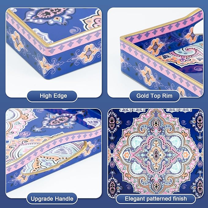Gifturbo Serving Tray for Coffee Table, Rectangular Plastic Decorative Tray with 4 Handles for Entertaining, Outdoors, Living Room, Ottoman, Bathroom,Blue & Pink