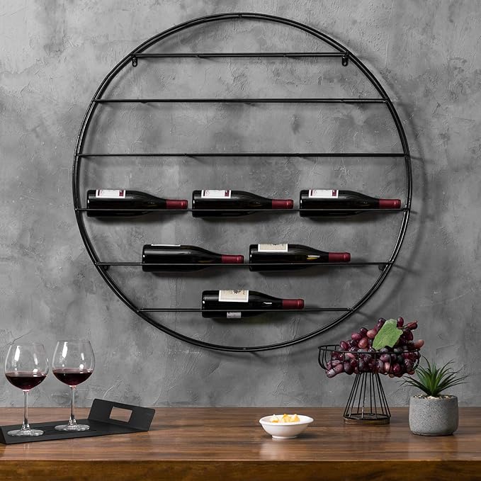 MyGift 12-Bottle Modern Black Metal Round Wall Mounted Wine Rack – 6-Tier Horizontal Storage Shelf for Kitchen, Living Room & Wine Cellar – Space-Saving Wall Decor & Cork Preservation