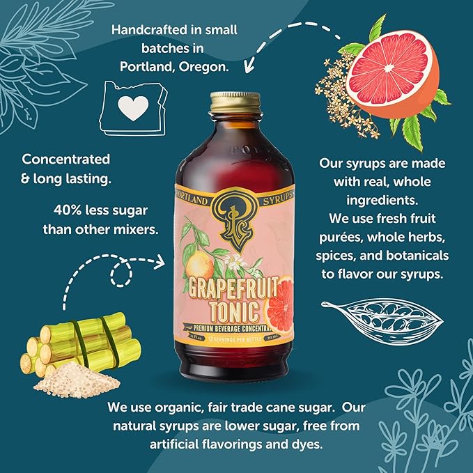 Portland Syrups Grapefruit Tonic Syrup - Refreshing Citrus Flavor - Premium Beverage Concentrate for Cocktails, Mocktails, Tea, and More - 12 oz with 12 Servings (Pack of 2)
