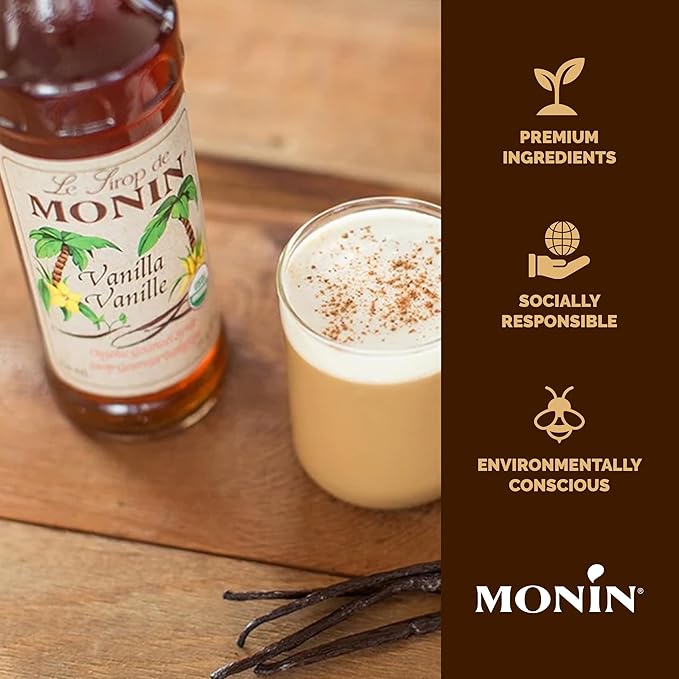 Monin - Organic Vanilla Syrup, Naturally Smooth Sweetness, Great for Coffee, Shakes, and Cocktails, Gluten-Free, Non-GMO (750 ml)
