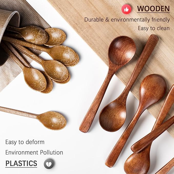 4 PCS Wooden Spoons for Eating, 7 inch Wooden Honey Spoons for Tea, Wood Teaspoons for Stirring Coffee, Hard Wood Table Spoon for Cooking, Small Serving Spoon for Soup, Desserts & Cereal
