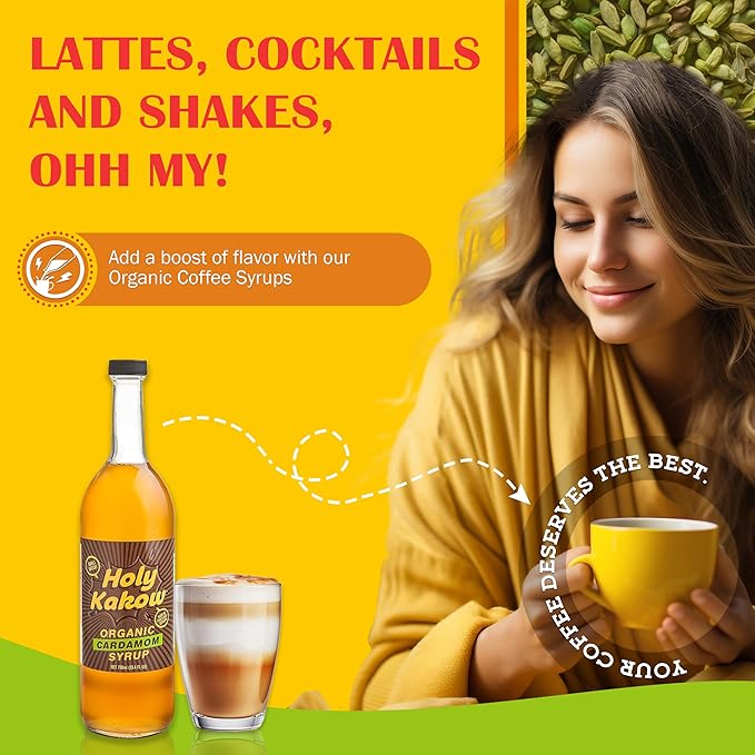 Holy Kakow Cafe Organic Cardamom Syrup - Cardamom Syrup, Coffee Syrup, Organic Syrup for Coffee, Cardamom Syrup for Coffee, Add to Latte, Cocktail and Shake, Real Food Ingredients - 750ml