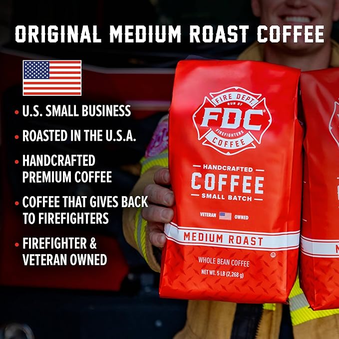 Fire Department Coffee - Gives Back to Firefighters - Balanced & Smooth Original Medium Roast Coffee Beans - Roasted in the USA - Whole Bean - Veteran Owned - Bulk 5 LB