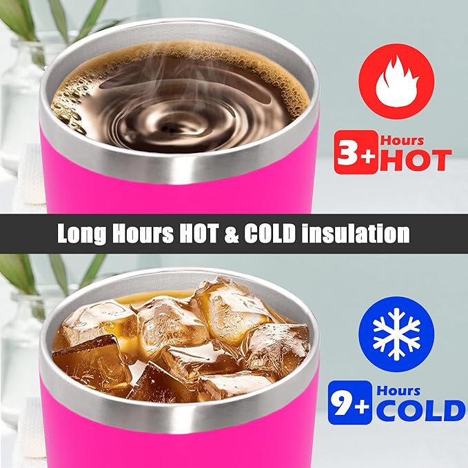 20 oz Tumbler Coffee Travel Tumblers Bulk with Lid Stainless Steel Double Wall Vacuum Insulated Mug Powder Coated Cups fit Car Cupholder for Hot and Cold - Hot Pink, 4Pack
