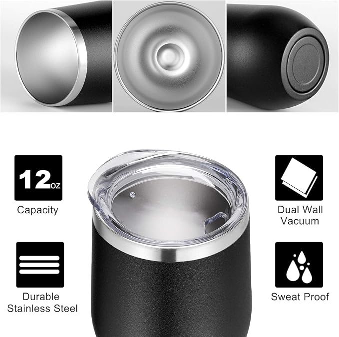 VEGOND Wine Tumblers Bulk 12 Pack, 12oz Stainless Steel Stemless Wine Glass with Lids and Straws, Double Wall Vacuum Insulated Tumbler Cup, Coffee Mug for Cold Hot Drinks