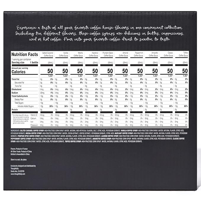 Thoughtfully Gourmet, Coffee Syrup Sampler Gift Set, Syrup Flavors Include Salted Caramel, Vanilla, Mocha, Hazelnut, Pumpkin Spice, & More, Set of 10