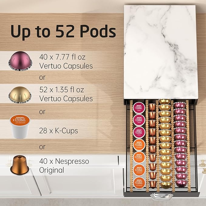 KES Natural Marble Top Coffee Pod Holder Drawer, Adjustable Metal Coffee Pod Organizer Fit All Pods Size (Nespresso Vertuo, K-cup, Nespresso Origin Capsules), 40/52Pcs Capacity, Black, KCPH503-BK