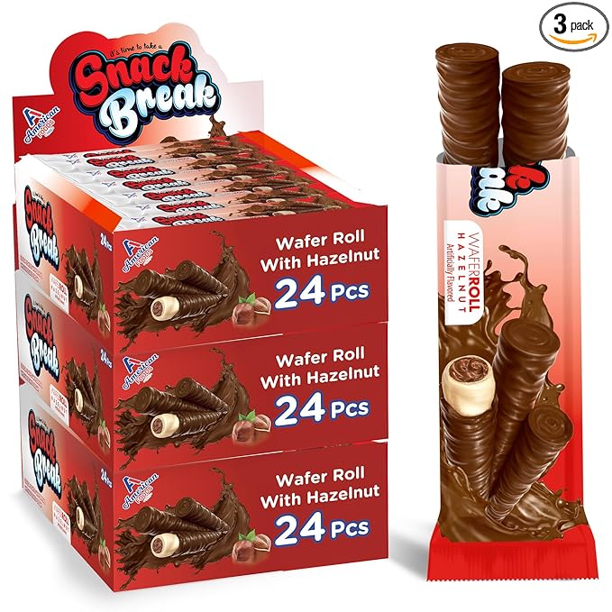 Snack Break Hazelnut Wafer Rolls, Rolled Wafer Cookies, Cocoa Coated Delicious Snack, Individually Wrapped, Crunchy Sticks for On-the-Go, Coffee, Tea, 24 Count (Pack of 3)