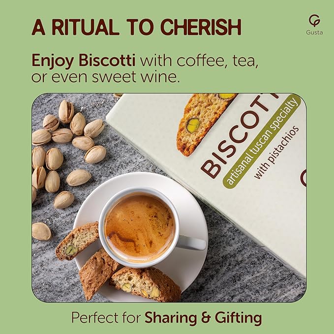 Gusta Pistachio Biscotti - Authentic Tuscan Italian Cookies - Artisanal Recipe with Whole Pistachios - Made in Italy - Only Few Ingredients, Nothing Artificial - 8.82oz