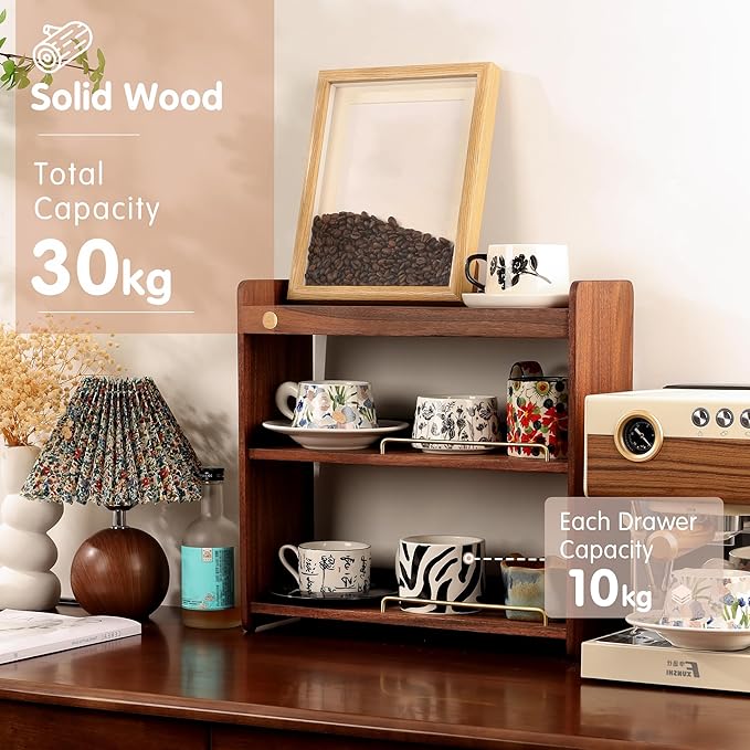 Coffee Mug Holder Wooden Cup Rack Mug Display Shelf Coffee Cup Holder for Countertop With 6 Mug Cups 3 Tier Wood Coffee Mugs Holder for Kitchen Coffee Cup Storage